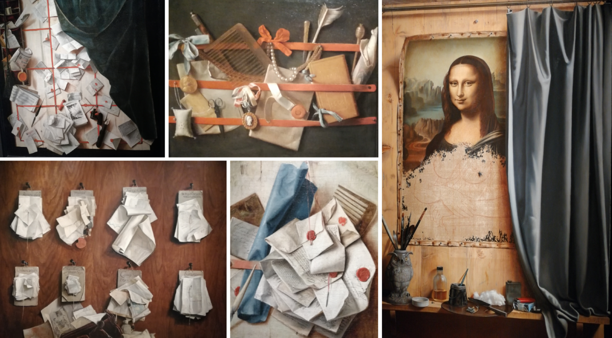 Ilustracja składa się z pięciu fotografii dzieł malarskich, ułożonych obok siebie w dwóch rzędach. Na każdym z dzieł elementy, które są namalowane do złudzenia przypominają rzeczywiste: wydają się ułożone    na ścianie, stole lub zawieszone (jak na przykład kotara, która odsłania fragment obrazu). Ilustracja przedstawia przykłady malaratwa iluzjonistycznego.