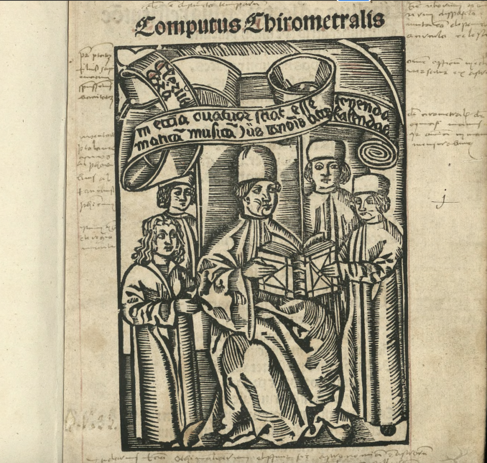 Ilustracja przedstawia mężczyznę w długiej szacie i wysokim nakryciem głowy, który siedzi i trzyma otwartą księgę. Wokół niego są zgromadzeni młodzi mężczyźni.