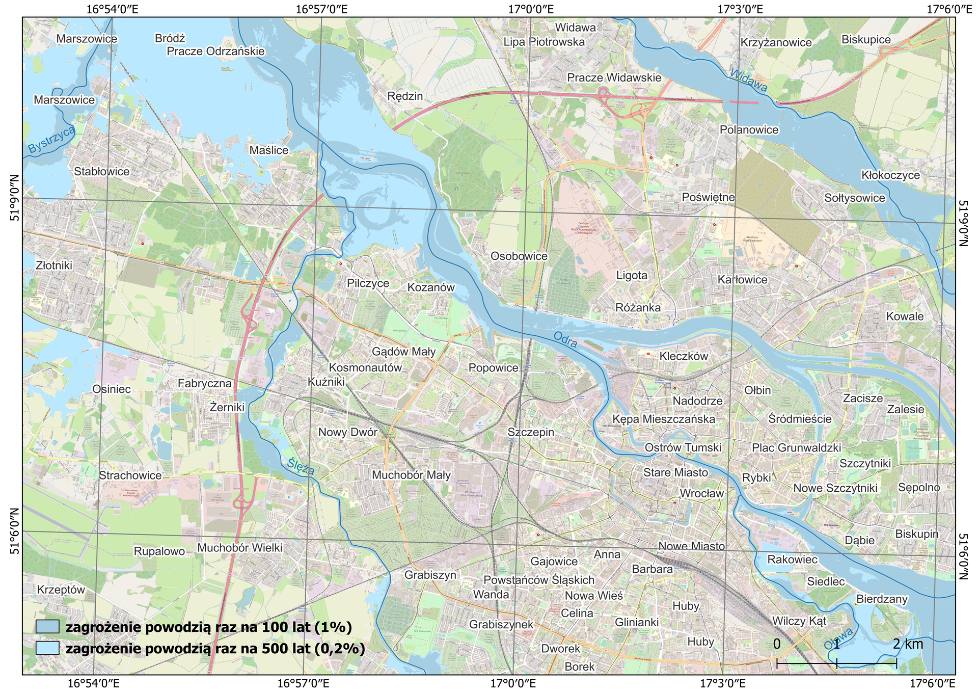 Ilustracja przedstawia mapę okolic Wrocławia. Na południu teren miasta, na północ sąsiadujące wsie. Kolorem jasnoniebieskim oznaczono powodzie występujące raz na 500 lat, zajmują one większy obszar. Ciemnoniebiesko określono powodzie występujące raz na 100 lat. Zajmują one obszary znacznie mniejsze niż te pierwsze, wzdłuż koryt rzecznych.