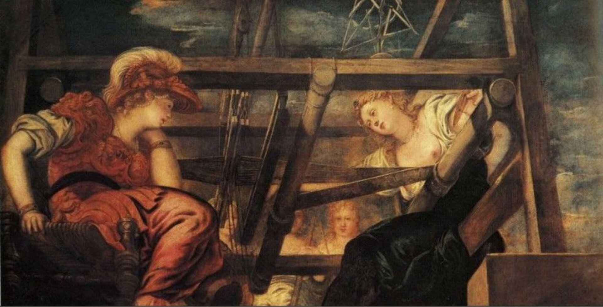Kolorowa ilustracja przedstawia dzieło dzieło Jacobo Robusti Tintoretta pt. , „Atena i Arachne”. Na obrazie znajduje się bogini Atena a naprzeciwko niej młoda kobieta. Siedzą przy krosnach. Atena ubrana jest w czerwoną szatę; na głowie ma hełm. Ariadna ma na sobie jasną szatę. Obraz ukazuje postaci od dołu.