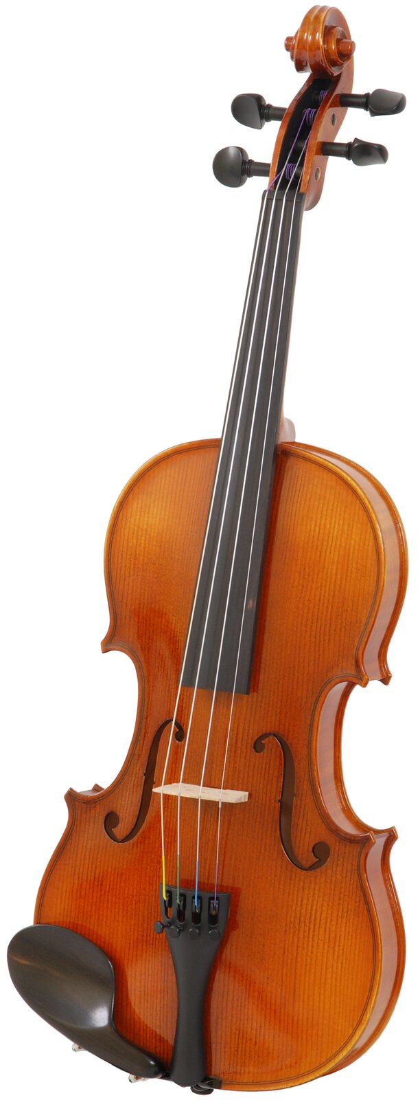 Zdjęcie przedstawia skrzypce. Widoczne są skrzypce w pionie z gryfem skierowanym w górę.