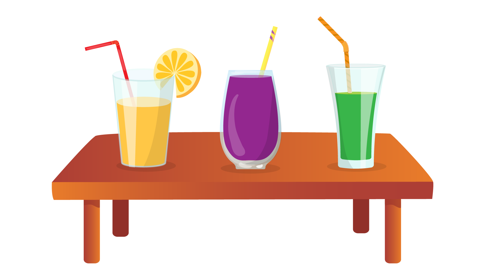 Ilustracja przedstawia prostokątny brązowy stół, na którym stoją trzy szklanki z płynami i słomkami. Płyn znajdujący się w pierwszej szklance od lewej strony jest ciemnożółty, a słomka jest czerwona. Szklankę ozdobiono plasterkiem cytryny. Płyn znajdujący się w drugiej szklance jest fioletowy, a słomka jest żółta. Płyn znajdujący się w trzeciej szklance jest zielony, a słomka jest pomarańczowa.