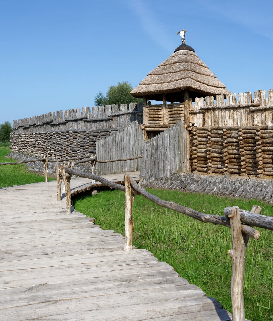 Fotografia przedstawia widok na rekonstrukcję osady obronnej w Biskupinie. Centralne miejsce zajmuje masywna, prostokątna brama wzniesiona z drewnianych bali i kryta strzechą. Po jej bokach rozciąga się solidna palisada – w dolnej części zbudowana z poziomo ułożonych belek, natomiast w górnej z pionowych żerdzi. W kierunku bramy prowadzi drewniany pomost usytuowany nad ziemią porośniętą trawą. Tłem jest  jasne, błękitne niebo.