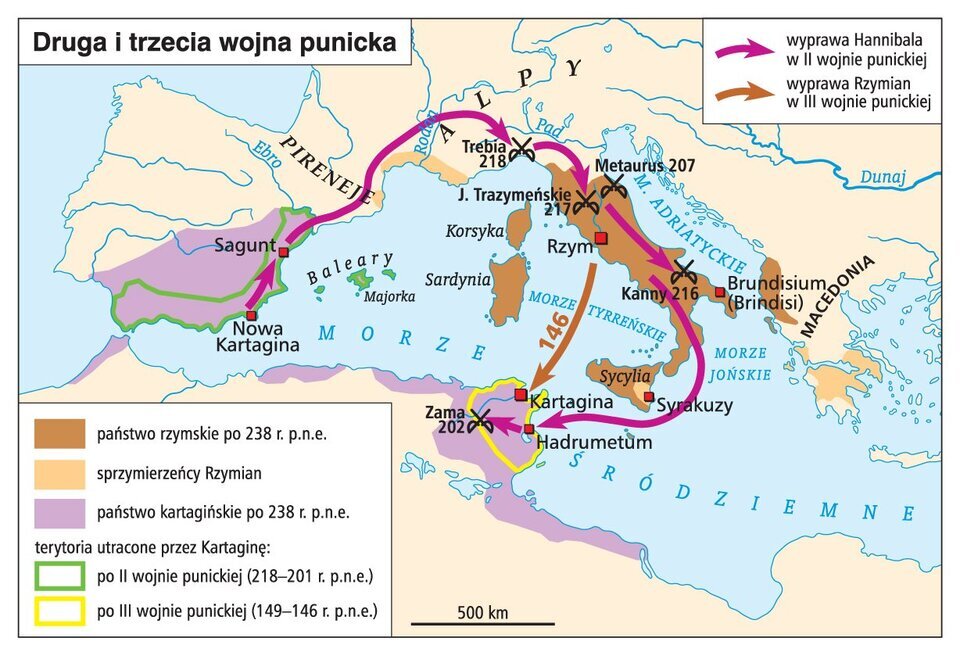 Mapa przedstawia przebieg drugiej i trzeciej wojny punickiej. Państwo rzymskie po 238 roku przed naszą erą obejmowało obszar dzisiejszych Włoch. Granice państwa przechodziły wzdłuż miasta Rzym i Brundisium. Wyspy należące do państwa rzymskiego to Sardynia, Sycylia i Korsyka. Obszar północno‑zachodniej Macedonii również należał do państwa rzymskiego. Sprzymierzeńcy Rzymian znajdowali się na granicy Alp, wokół rzeki Rodan oraz na granicy Pirenejów i na południu dzisiejszej Grecji. Państwo kartagińskie po 283 roku przed naszą erą obejmowało obszar dzisiejszej południowo - wschodniej Hiszpanii oraz mały fragment wybrzeża zachodniej części Afryki. Należały do niego również tereny wybrzeża afrykańskiego mające swą granicę wzdłuż miast Kartagina i Hadrumetum. Terytoria utracone przez Kartaginę po drugiej wojnie punickiej w 218‑210 roku przed naszą erą to wybrzeża dzisiejszej Hiszpanii. Granice utraconego terytorium przebiegały wzdłuż Nowej Kartaginy i miasta Sagunt. Terytoria utracone przez Kartaginę po trzeciej wojnie punickiej w 149‑146 roku przed naszą erą to terytoria przebiegające w okolicy Kartaginy i Hadrumetum oraz mały obszar na zachód od tych miast. Trasa wyprawy Hannibala w 2 wojnie punickiej przebiegała przez Nową Kartaginę, Sagunt, góry Pireneje, Alpy, wzdłuż dzisiejszych Włoch do basenu Morza Śródziemnego, a zakończyła się w mieście Hadrumetum. Trasa wyprawy Rzymian podczas trzeciej wojny punickiej przebiegała od Rzymu do Kartaginy przez Morze Tyrreńskie. Na mapie zaznaczono 5 bitew: pierwsza w miejscowości Trebia w 218 roku przed naszą erą, druga nad Jeziorem Trazymeńskim w 217 roku przed naszą erą, trzecia bitwa pod  Kannami w 216 roku przed naszą erą, czwarta w Metaurus w 207 roku przed naszą erą, natomiast piąta pod Zamą w 202 roku przed naszą erą.