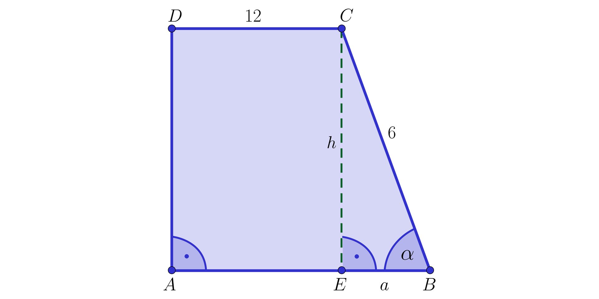 Ilustracja przedstawia trapez prostokątny ABCD o krótszej podstawie DC równej 12 i boku BC równym 6. Z wierzchołka C opuszczono wysokość h do punktu E dzielącego dłuższą podstawę na odcinki AE i EB. Odcinek EB ma wartość a. Kąt EBC ma wartość α.