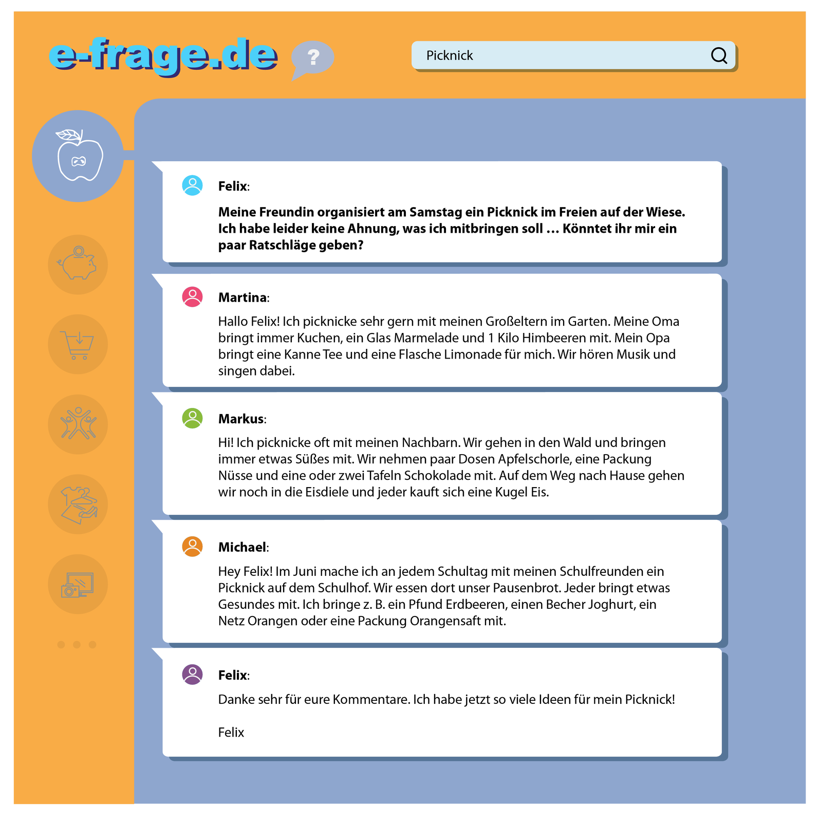 Ilustracja przedstawia zrzut z forum internetowego e‑frage.de. Widocznych jest pięć komentarzy od różnych osób. Opis jest dostępny w transkrypcji poniżej.