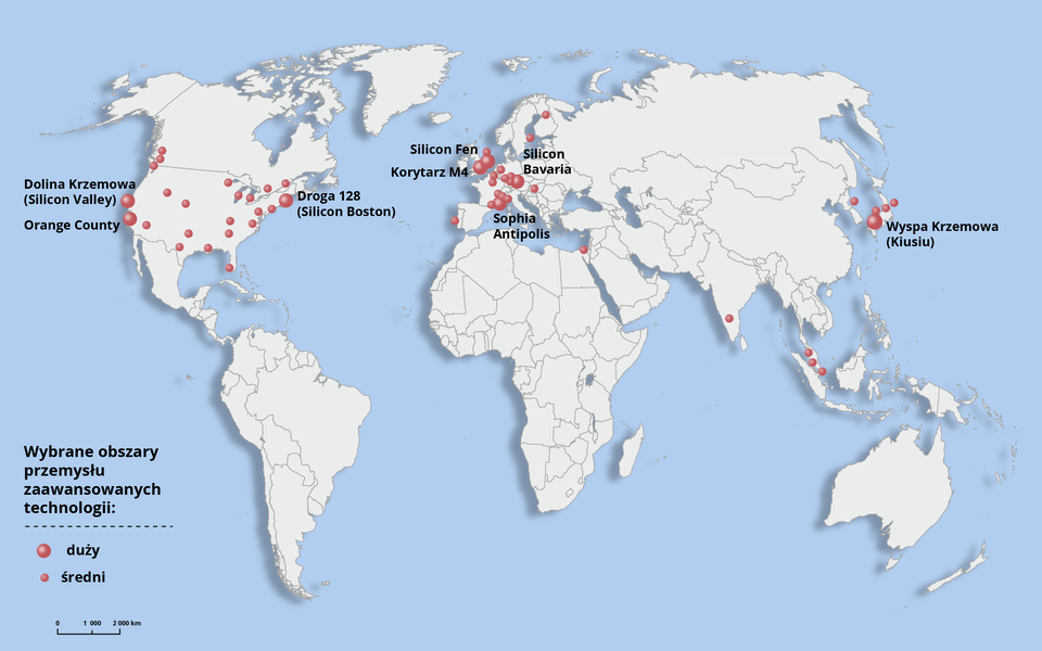 Mapa przedstawia wybrane obszary przemysłu zaawansowanych technologii na świecie. Kontynenty wypełnione są białym kolorem, a ich granice zaznaczone liniami w kolorze szarym. Duże ośrodki zaawansowanych technologii oznaczono dużym czerwonym punktem, a średnie ośrodki mniejszym punktem w kolorze czerwonym. Średnie obszary przemysłu zaawansowanych technologii rozsiane są po całych Stanach Zjednoczonych oraz na południowo‑zachodnim wybrzeżu Kanady, w Europie, Japonii, w Egipcie oraz na terenie półwyspu Indyjskiego i w Singapurze. Duże obszary przemysłu zaawansowanych technologii znajdują się w USA w Dolinie Krzemowej, w Orange County, Silicon Boston, w Wielkiej Brytanii w obszarze opisanym jako korytarz M4 i Silicon Fen oraz na kontynencie europejskim - w Silicon Bavaria i Sophia Anipolis, jak również na Wyspie Krzemowej usytuowanej w Japonii.