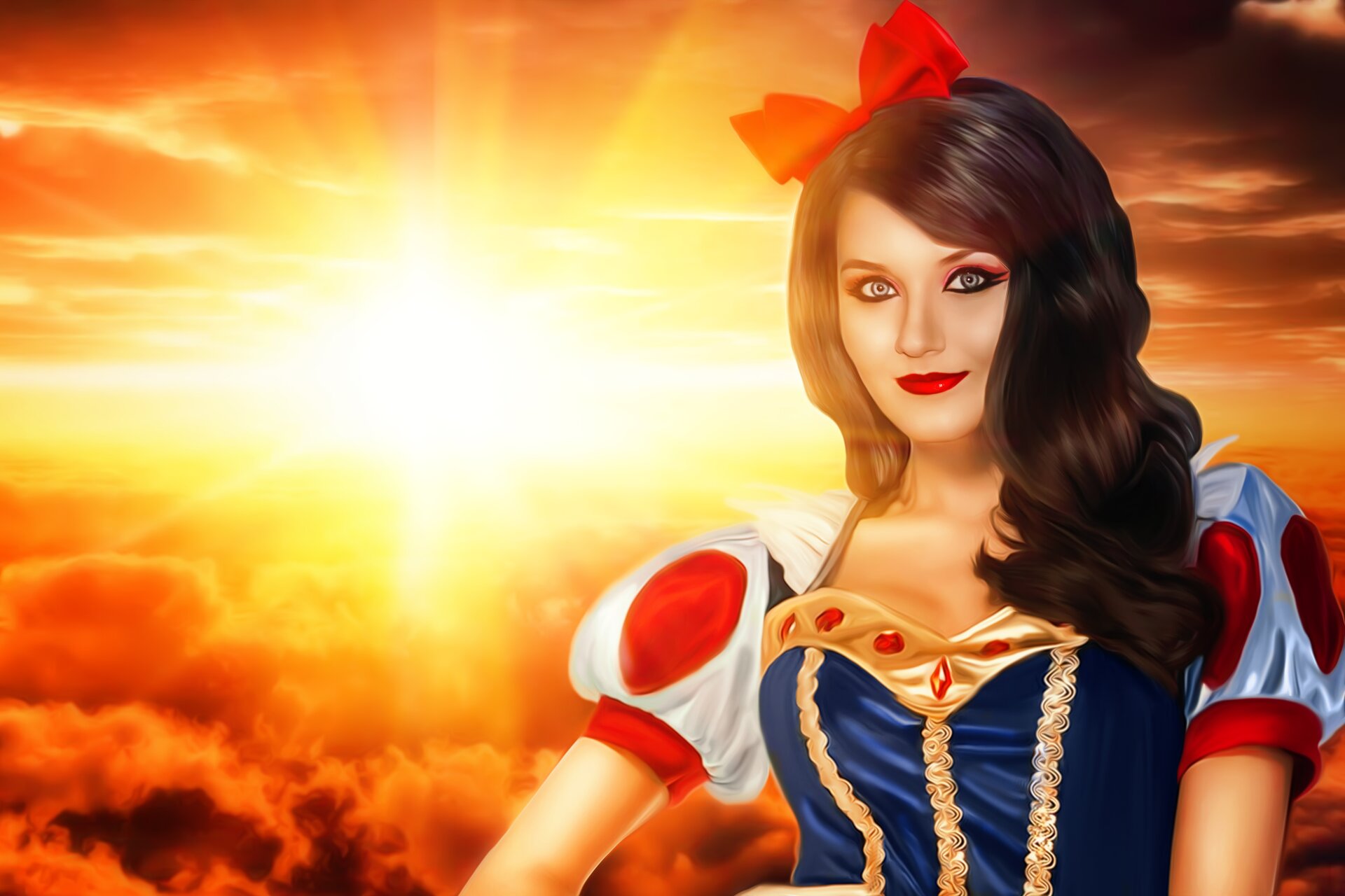 Obraz przedstawia kobietę przebraną za Królewnę Śnieżkę.