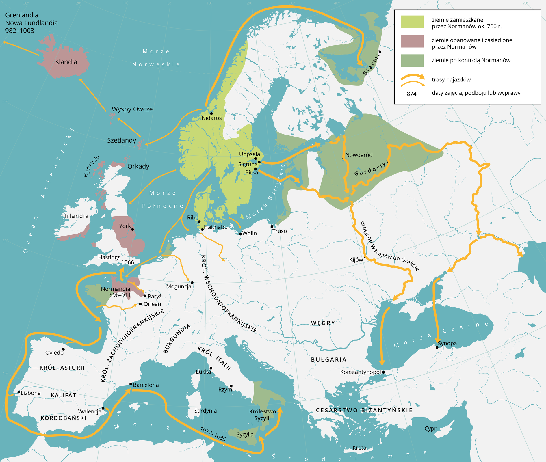 Ilustracja przedstawia mapę Europy na przełomie ósmego i jedenastego wieku. Oznaczono na niej kierunki najazdów wikingów. Najwięcej wypraw było na wschód na tereny obecnej Rosji. Z czasem kierunek zmienił się na zachód na tereny obecnej Wielkiej Brytanii i dalej wzdłuż linii brzegowej do Francji, Hiszpanii, Portugalii i przez Morze Śródziemne do Włoch. Tereny na północnym wschodzie kontynentu oraz część Wielkiej Brytanii, Francji i Włoch były zdobyte i zasiedlone przez najeźdźców.