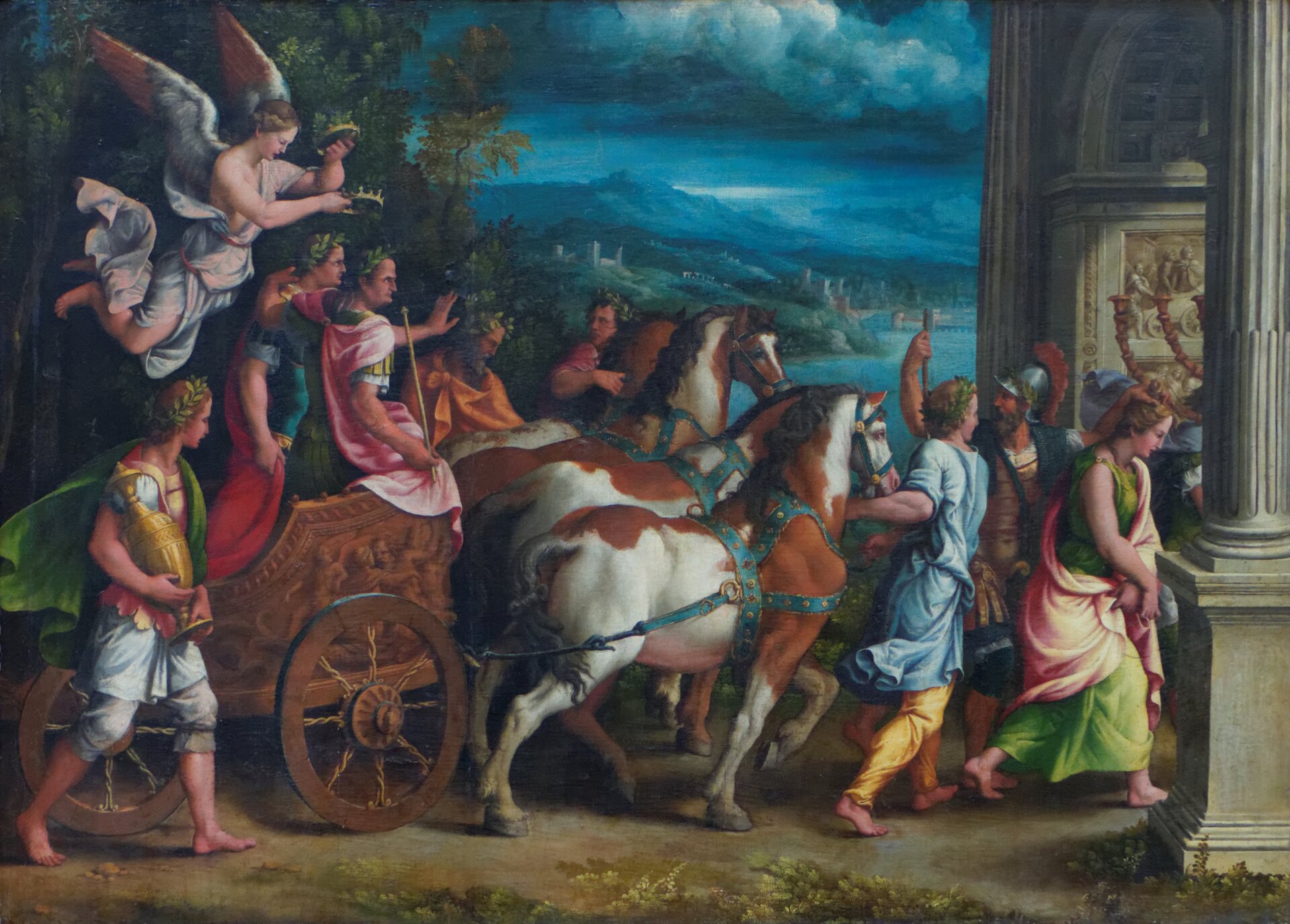 Ilustracja przedstawia dzieło „Triumf Tytusa i Wespezjana” autorstwa Giulio Romano. Na obrazie przedstawiono wjazd tryumfalny do Rzymu cesarzy Tytusa i Wespezjana. Siedząc na wozie zaprzężonym w dwa łaciate konie zbliżają się do łuku tryumfalnego. Nad ich głowami bogini Wiktoria trzyma dwa złote wieńce. Obok wozu kroczą ludzie w wieńcami laurowych na głowach. W tle widoczny jest pejzaż: błękitna rzeka, zalesione wzgórza, niebo.