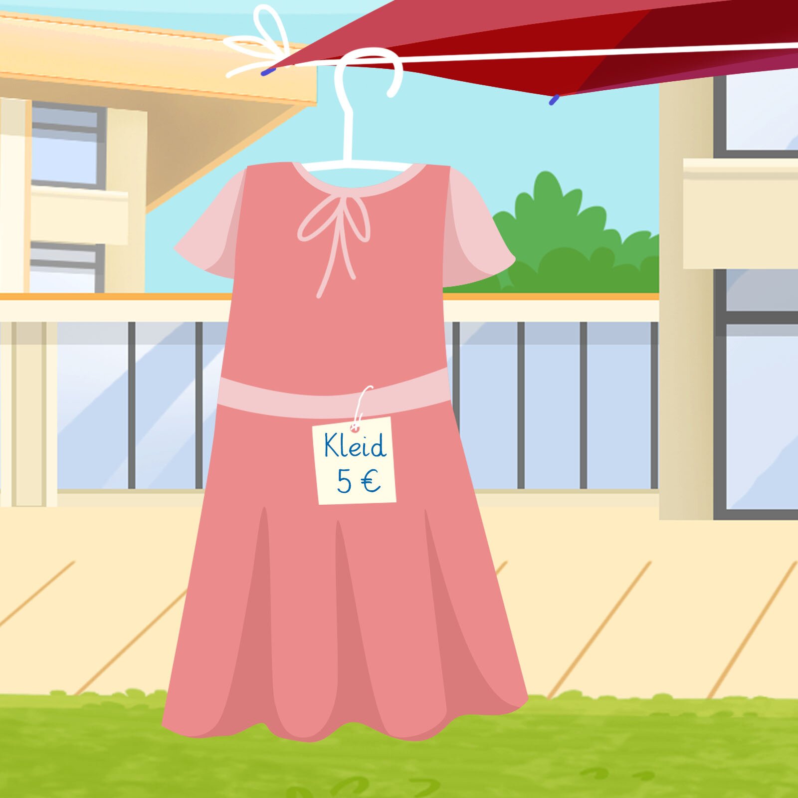 Ilustracja przedstawia różową sukienkę, która kosztuje 5 euro.
