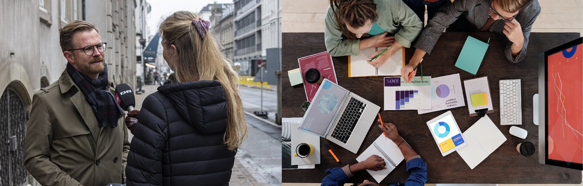 Ilustracja składa się z dwóch zdjęć. Na zdjęciu po lewej stronie widoczny jest mężczyzna stojący na ulicy, przy fasadzie budynku, zwrócony w prawo, oraz kobieta, zwrócona przodem do mężczyzny. Mężczyzna udziela wywiadu kobiecie, która w prawej dłoni trzyma mikrofon przechylony w kierunku mężczyzny. W tle, po prawej widoczny jest fragment ulicy i budynki stojące po jej prawej stronie. Na zdjęciu po prawej widoczne jest z długie biurko, przy którym siedzą trzy, częściowo widoczne, osoby. Ręce osoby siedzącej w dolnej części położone są na notesie, a prawym ręku trzyma długopis. Osoby siedzące u góry zdjęcia zapisują coś w notesie oraz przyglądają się wydrukom. Na biurku po lewej stronie stoją: otwarty laptop, kubki z napojami, zadrukowane kartki, zaś po prawej widoczny jest duży monitor komputera, klawiatura i myszka, tablet, karteczki do robienia notatek i wydruki.