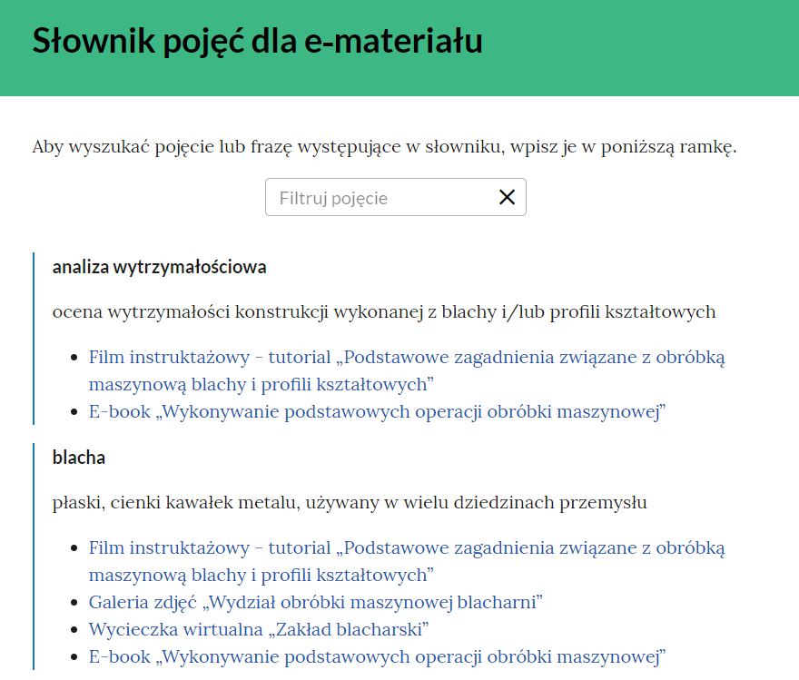 Przykładowe pojęcia w słowniku
