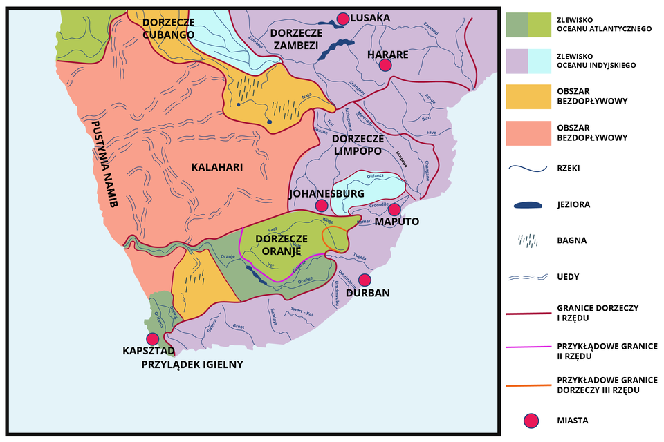 Mapa przedstawia systemy rzeczne na przykładzie południowej części Afryki. Znajduje się na niej południowy kraniec kontynentu poczynając od Lusaki aż do Kapsztadu. Z prawej strony mapy znajduje się legenda. Mapa jest podzielona na nieregularne obszary. Czerwone linie oznaczają granice dorzeczy I rzędu, różowe linie oznaczają granice dorzeczy II rzędu, a pomarańczowe linie granice dorzeczy III rzędu. Czerwone punkty oznaczają miasta. Pustynia Namib i Kalahari oznaczona jest kolorem łososiowym – symbolizuje to obszar bezdopływowy. Na tym terenie znajdują się także oznaczone dwoma falistymi liniami uedy. Kolorem fioletowym i niebieskim oznaczono zlewisko Oceanu Indyjskiego. Obejmuje ono całe wschodnie wybrzeże kontynentu: Dorzecze Zambezi, Dorzecze Limpopo, okolice Lusaki, Harare, Johannesburga, Maputo, Durbanu. Kolor zielony oznacza zlewisko Oceanu Atlantyckiego – obejmuje obszar dorzecza Oranje tuż nad południowym krańcem kontynentu i niewielki obszar nad pustynią Namib.  Kolorem pomarańczowym oznaczono kolejny obszar bezdopływowy obejmujący dorzecze Cubango oraz niewielki obszar nad Przylądkiem Igielnym. Na tych terenach znajdują się zaznaczone niewielkimi kreskami bagna.