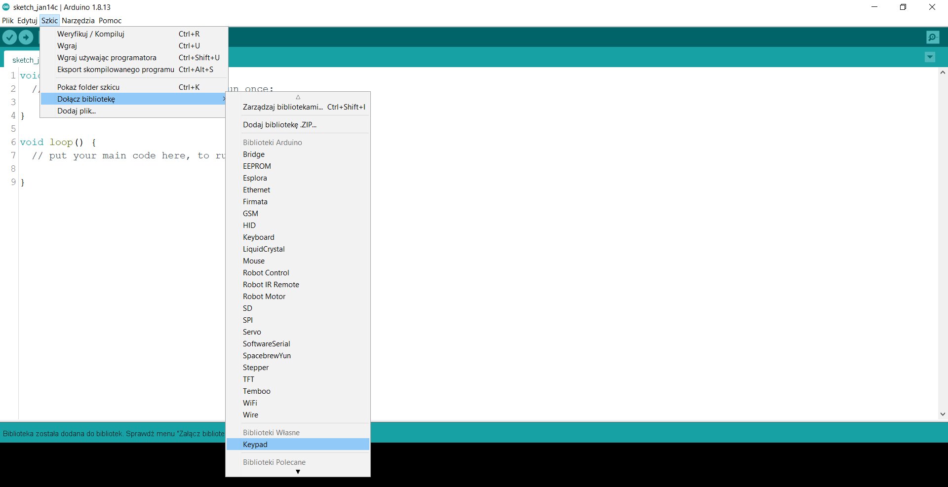 Zdjęcie ekranu arduino IDE z zaznaczonym przyciskiem "Szkic", z którego rozwija się okno dialogowe, następnie oznaczona jest opcja "Dołącz bibliotekę", z której oznaczona jest opcja Keypad.