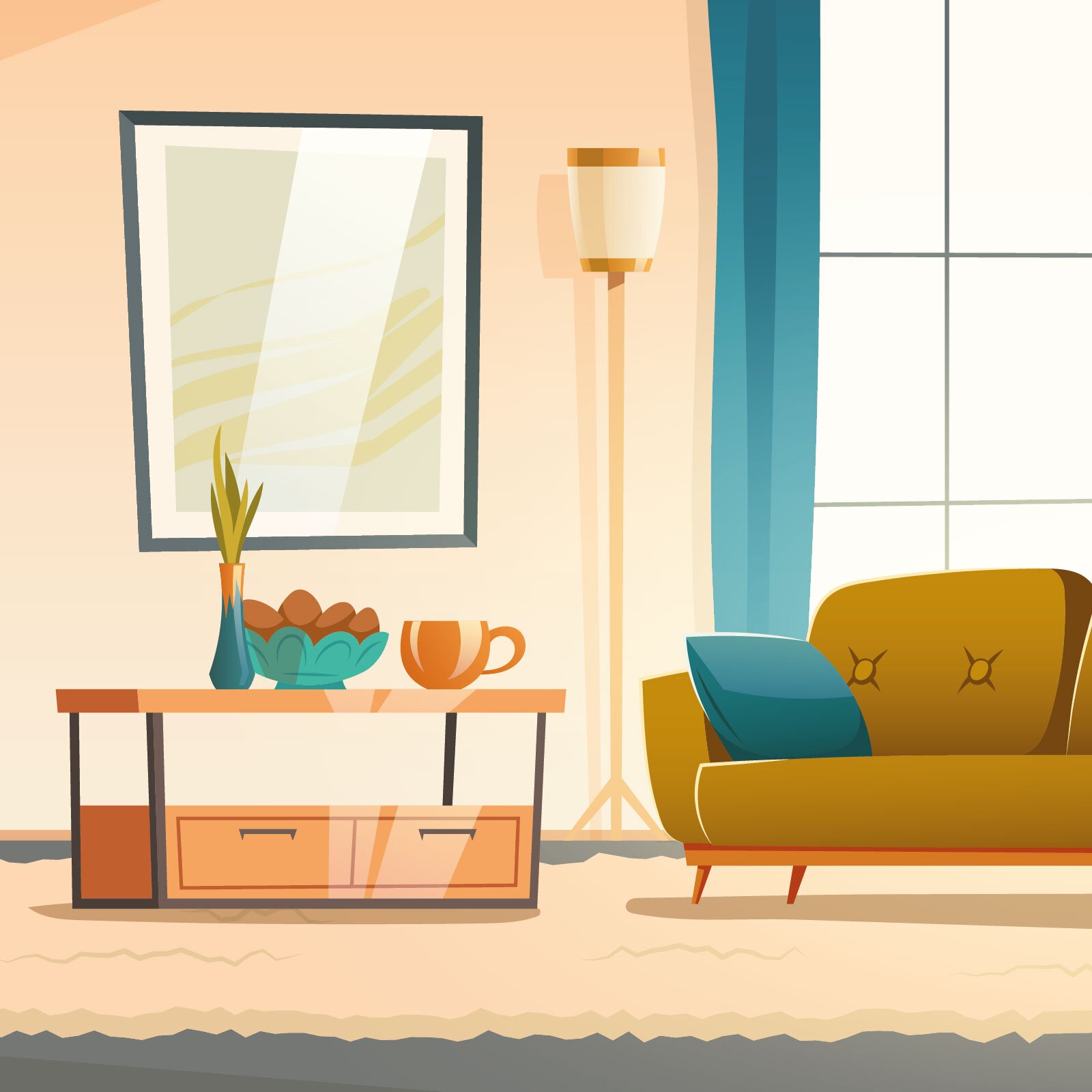 Ilustracja przedstawia fragment wysprzątanego pokoju, w którym widzimy jasną sofę, okno z niebieską zasłoną, stolik z wazonem, wazą i kubkiem, lampę i obraz na ścianie. 