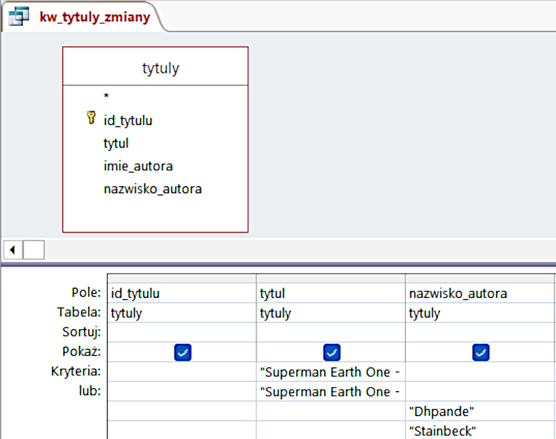 Ilustracja zawiera zrzut ekranu z programu. W górnej części grafiki widnieje kwadratowe pole zawierające informację o tytułach takie jak id tytułu, tytuł, imię autora oraz nazwisko autora. Poniżej widoczna jest tabela zawierająca szczegółowe dane dotyczące tytułów.