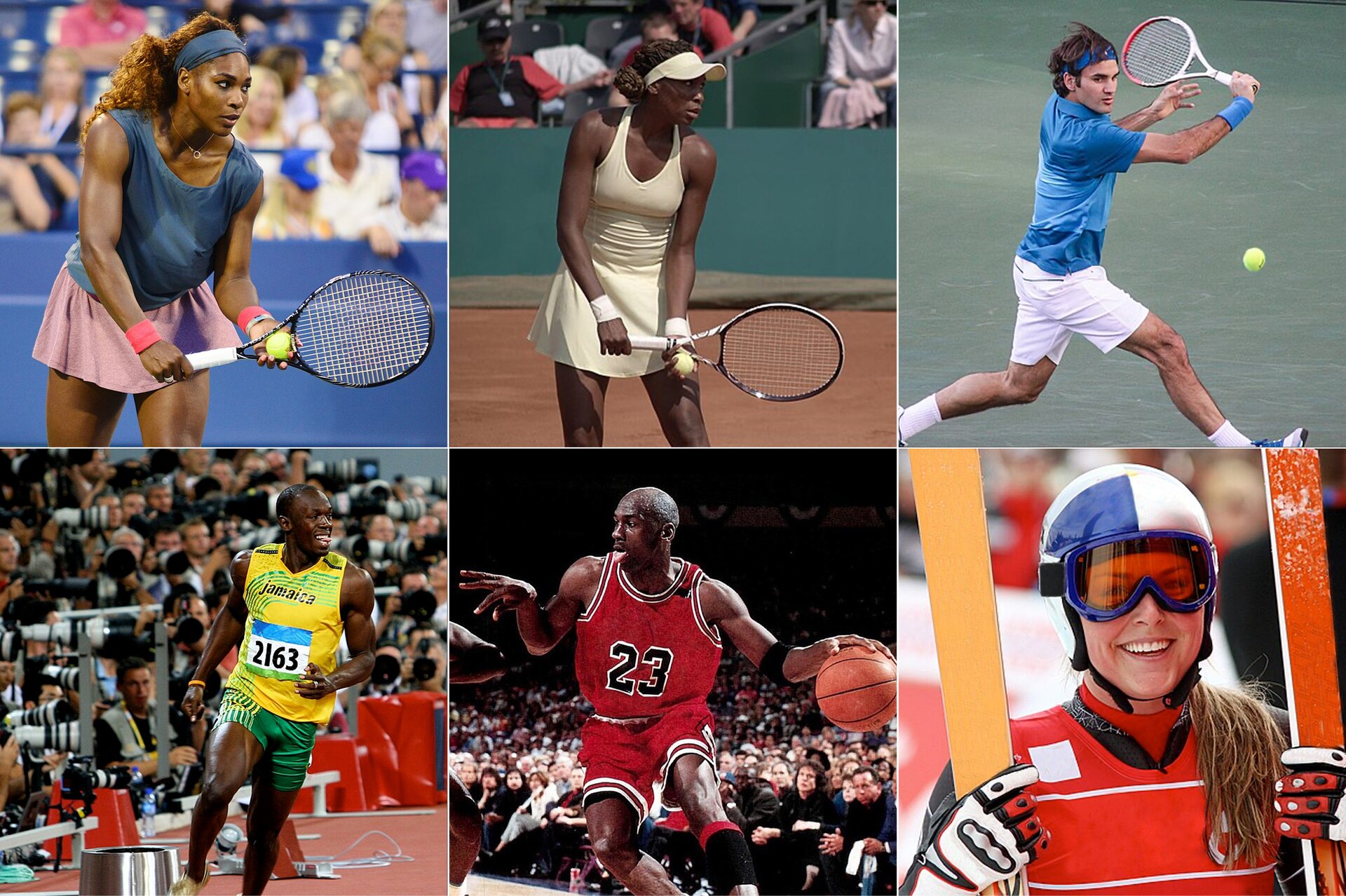 Ilustracja składa się z sześciu zdjęć przedstawiających różnych sportowców. Trzy zdjęcia w górnym rzędzie przedstawiają dwie kobiety i mężczyznę z rakietami tenisowymi grających na korcie. Wszyscy są uchwyceni z rakietą w dłoni, przygotowani do rzucenia piłeczki. Zdjęcia w dolnym rzędzie, od lewej, przedstawiają biegacza halowego, koszykarza z piłką oraz narciarkę trzymającą narty. 