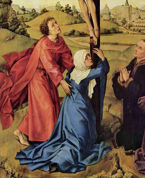 Obraz przedstawia klęczącą przy krzyżu z ukrzyżowanym Jezusem kobietę w długiej sukni. Kobieta obejmuje krzyż obiema rękami. Jej twarz wyraża rozpacz. Kobietę podtrzymuje stojący za jej plecami młody mężczyzna. Widać także klęczącego mężczyznę, który się modli.