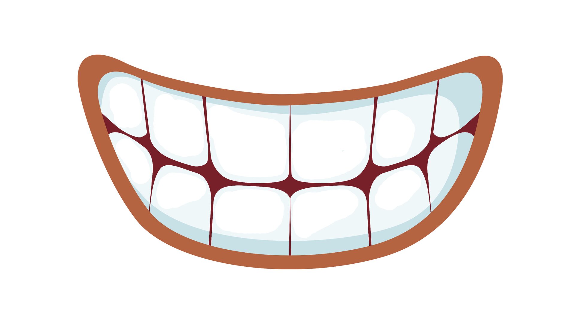 Ilustracja przedstawia uśmiechnięte usta, widać sześć zębów na górze i sześć zębów na dole. 