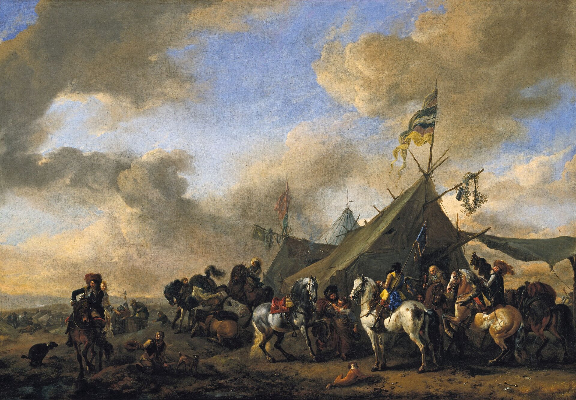 Zdjęcie przedstawia obraz Philipsa Wouwermana pt. „Obóz wojskowy”. Wouwerman to holenderski malarz barokowy. Na pierwszym planie ukazani są mężczyźni, którzy siedzą na koniach. Za nimi ukazany jest obóz, gdzie rozstawione są namioty.