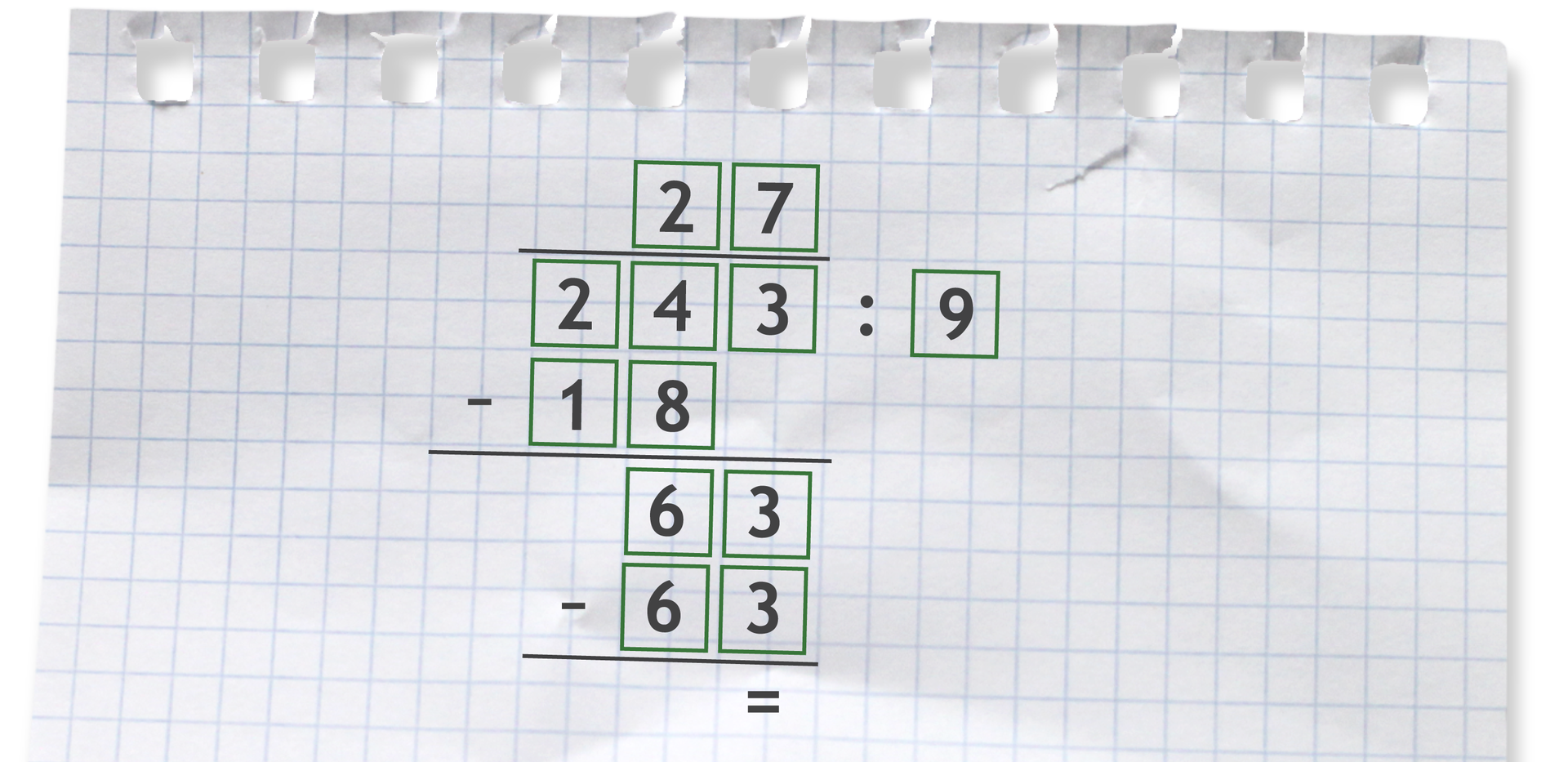 Przykład dzielenia sposobem pisemnym. Dwieście czterdzieści trzy podzielić przez dziewięć jest równe dwadzieścia siedem.