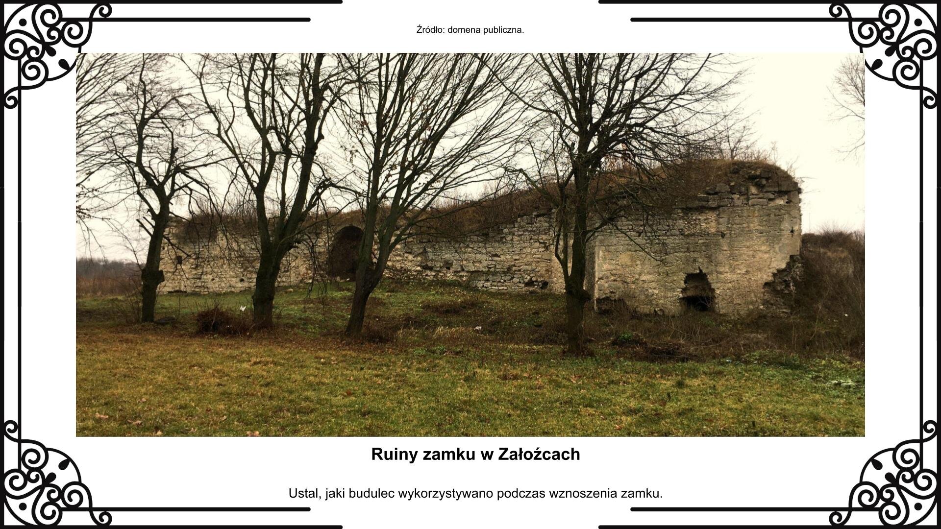Slajd przedstawia planszę ze zdjęciem fragmentu ruin murów obronnych Załoźca od strony południowej z bramą wjazdową. Na pierwszym planie widoczne są bezlistne drzewa. Fotografii towarzyszy napis informacyjny i zwrot w stronę ucznia: Ustal, jaki budulec wykorzystano podczas wznoszenia zamku