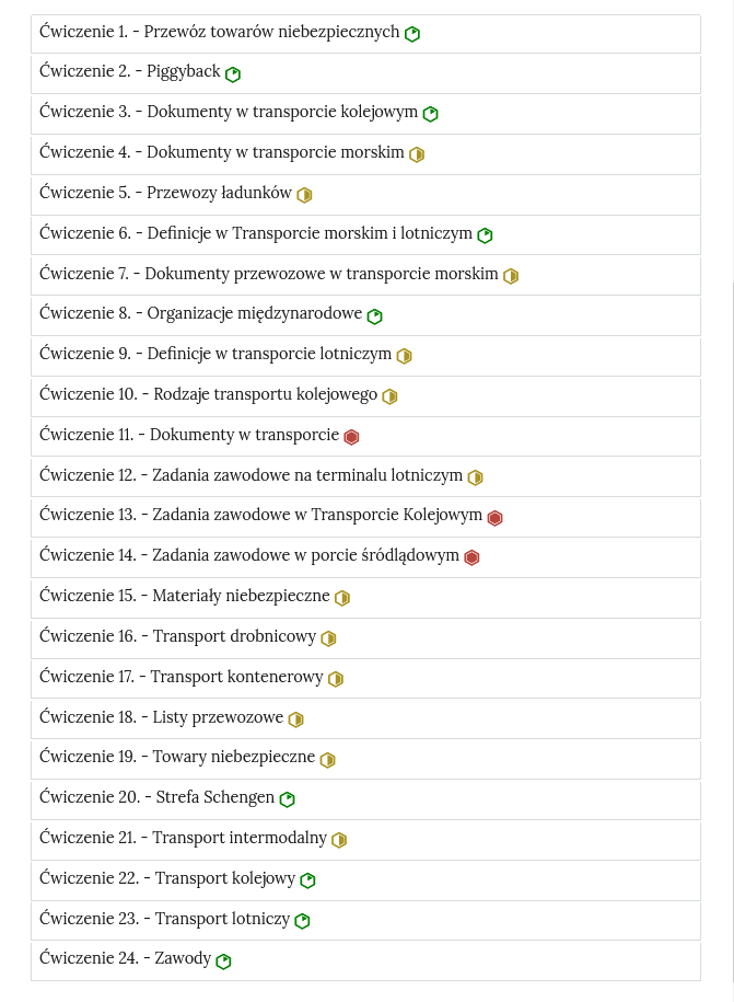 Grafika przedstawia wygląd zakładek z ćwiczeniami. Zakładki są poziomymi paskami. Każda posiada numer ćwiczenia i tytuł, który wskazuje, czego dotyczą zamieszczone w zakładce ćwiczenia. Przykład tekstu na pasku zakładki. Ćwiczenie 1 myślnik Przewóz towarów niebezpiecznych.