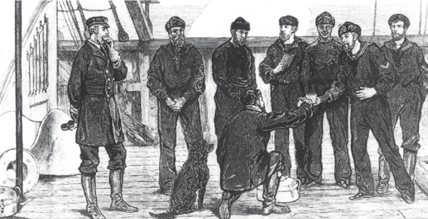 Szkic przedstawia grupę marynarzy. Są ubrani w czarne stroje i czarne czapki. Jeden z nich klęczy przed grupą i wręcza jednemu marynarzowi kubek. Obok klęczącego siedzi pies. Mężczyźni stoją na pokładzie okrętu.