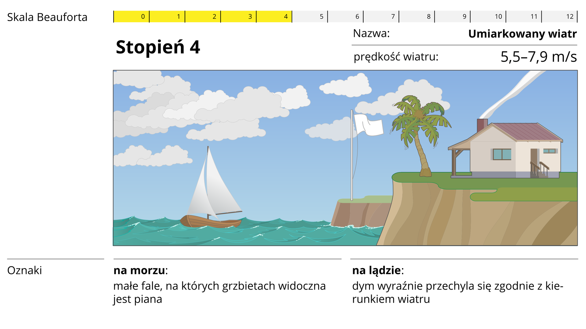 W górnej części zdjęcia przedstawiona jest dwunasto‑stopniowa skala Beauforta z wyszczególnionym czwartym stopniem, który oznacza umiarkowany wiatr oraz prędkość wiatru: 5,5‑7,9 metra na sekundę. W środkowej części, widoczna jest grafika niebieskiego morza, na którym widnieją subtelne fale oraz mała, drewniana łódka z dużym, białym żaglem. Po prawej stronie widnieje przedstawienie klifu, na którym, na zielonej trawie stoi biała flaga na pałąku, palma z brązowym pniem i zieloną koroną oraz żółty, prostokątny dom z czerwonym dachem. Na spodzie widnieje tekst: oznaki- na morzu: małe fale, na których grzbietach widoczna jest piana. Na lądzie: dym wyraźnie przechyla się zgodnie z kierunkiem wiatru.