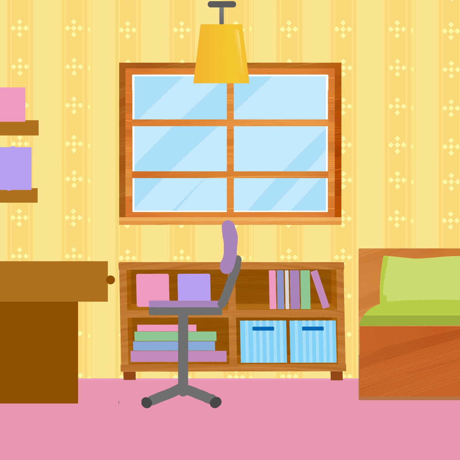Ilustracja przedstawia pokój. Znajdują się w nim łóżko, komoda, biurko oraz obrotowe krzesło.