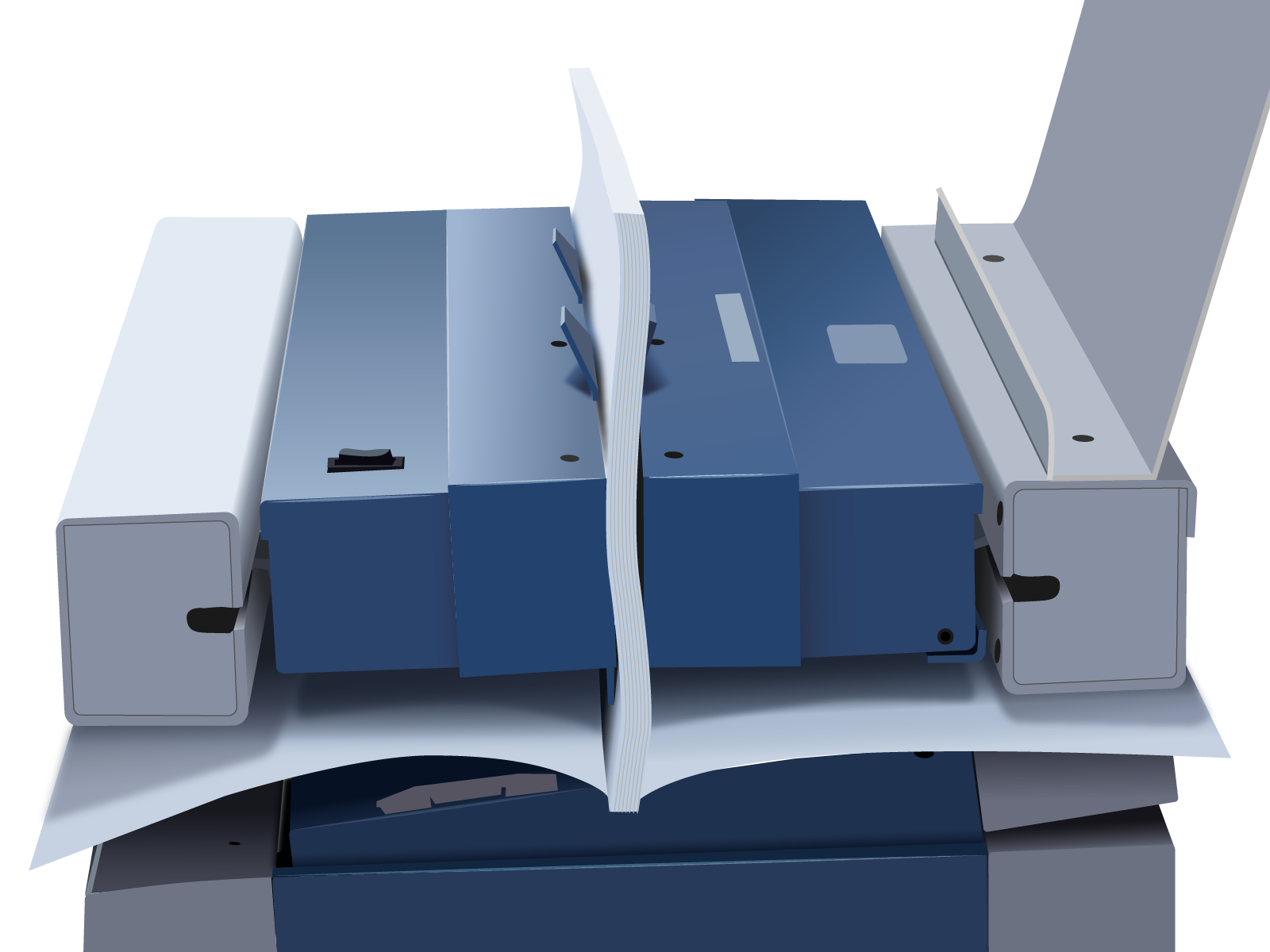 Grafika przedstawia klejarkę. Widoczne jest urządzenie z boku, zbudowane z prostopadłościennych modułów, podzielonych na górną i dolną część, pomiędzy którymi widoczne są białe arkusze ułożone w poziomie oraz zebrane arkusze ułożone w pionie, pomiędzy dwoma modułami urządzenia. Po prawej stronie widoczna jest pionowo wysunięta płyta.