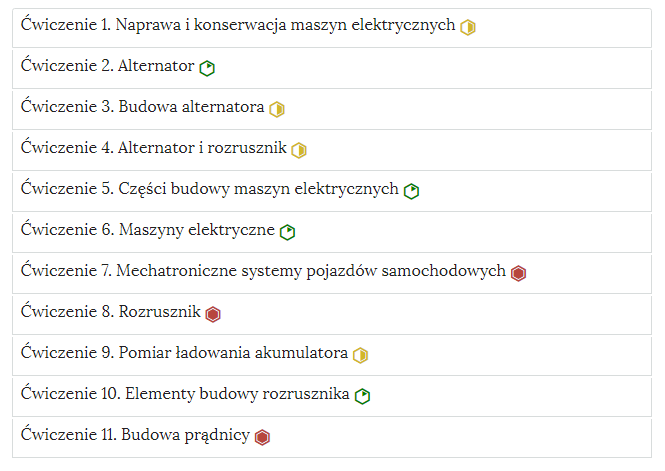 Zdjęcie przedstawia przykładowy wygląd zakładek zawierających interaktywne materiały sprawdzające. Składają się one z prostokątnych paneli umieszczonych jeden pod drugim. Każdy panel posiada numer oraz tytuł, który nawiązuje do zawartego w nim zadania.
