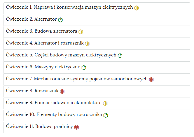 Zdjęcie przedstawia przykładowy wygląd zakładek zawierających interaktywne materiały sprawdzające. Składają się one z prostokątnych paneli umieszczonych jeden pod drugim. Każdy panel posiada numer oraz tytuł, który nawiązuje do zawartego w nim zadania.