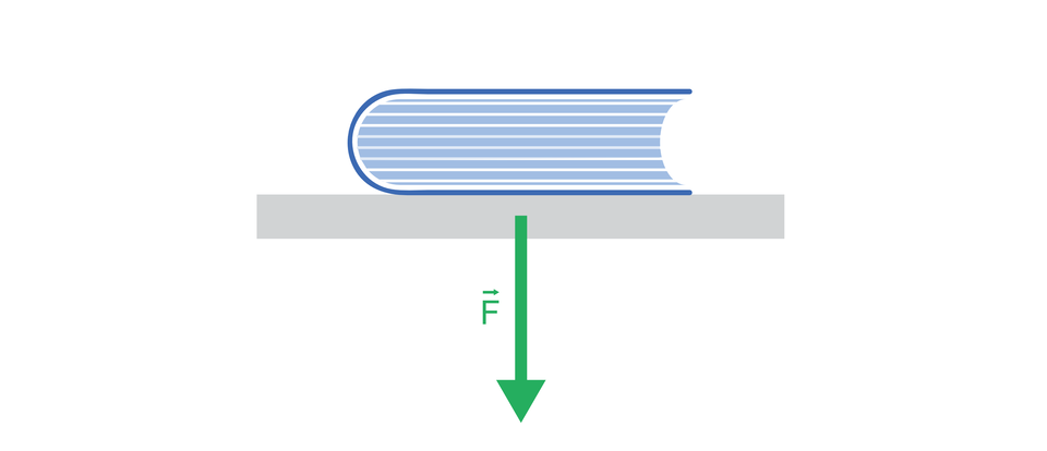 Ilustracja przedstawia książkę leżącą na środku stołu (szary prostokąt). Poniżej książki, od środka prostokąta i prostopadle do nich, narysowano strzałkę w dół (wektor siły).