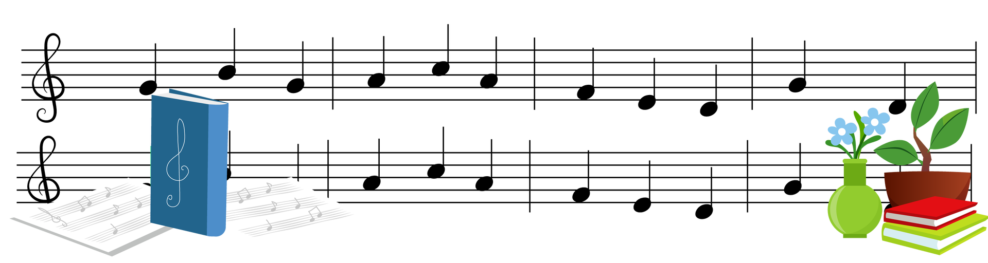 Ilustracja przedstawia dwie pięciolinie umieszczone jedna pod drugą. Na każdej znajduje się kilkanaście ćwierćnut oraz klucz wiolinowy po lewej stronie. Na pierwszym planie, przed kluczami wiolinowymi, stoi książka w granatowej okładce z symbolem klucza wiolinowego na środku. Obok książki leżą dwie kartki z zapisem nutowym. Po prawej stronie ilustracji są dwie książki ułożone jedna na drugiej. Pierwsza ma czerwoną okładkę, a druga jasnozieloną. Obok nich stoją dwa jasnoniebieskie kwiaty w jasnozielonym wazonie i zielona roślina w ciemnobrązowej donicy.