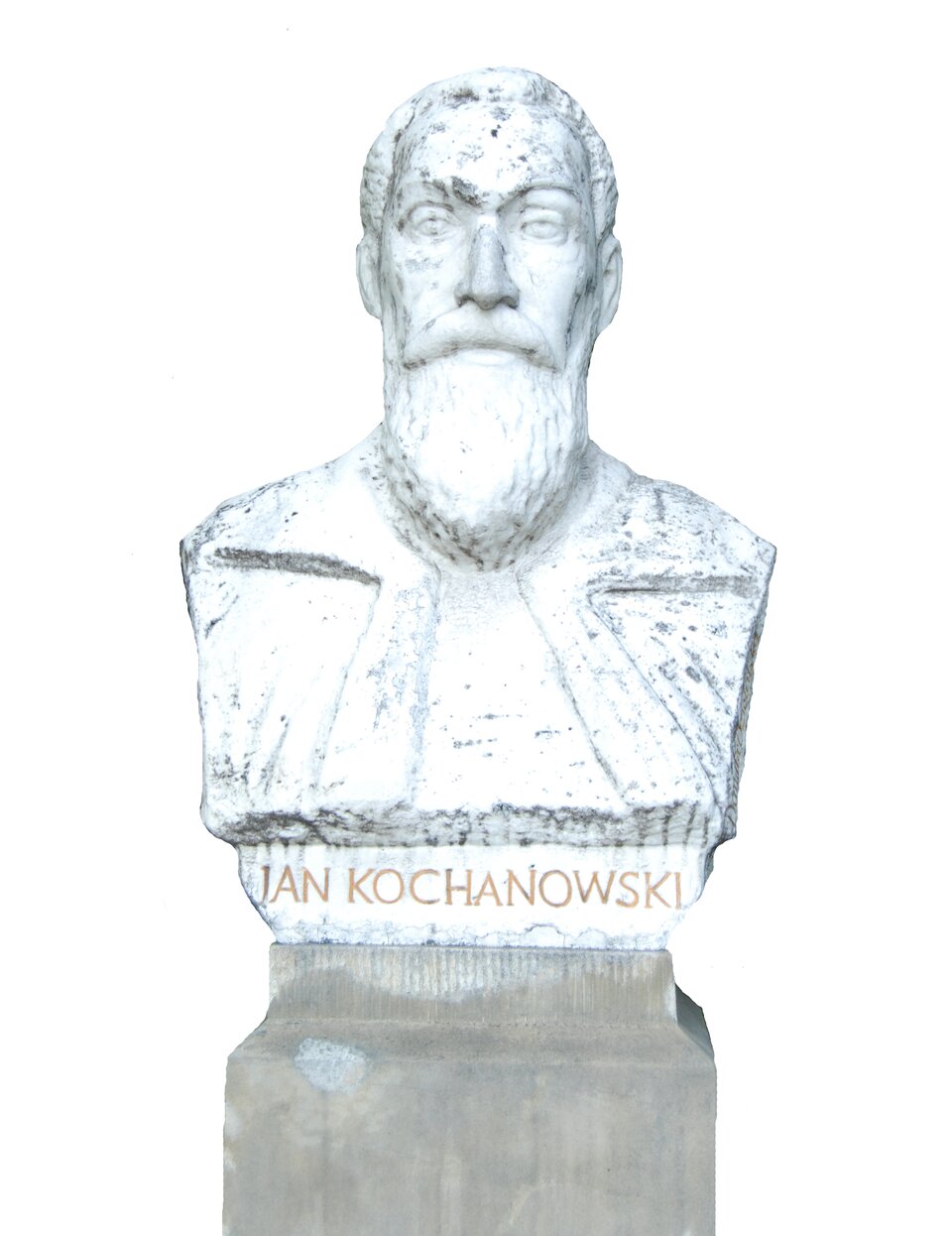 Na zdjęciu znajduje się popiersie Jana Kochanowskiego na białym tle. Jest to mężczyzna w sile wieku, o krótkich włosach, który nosi długą, sięgającą do szczytu piersi brodę i gęste wąsy. Jego twarz jest spokojna. Jest ubrany w kaftan z szerokim kołnierzem. Na wysokości piersi widnieje złoty napis: Jan Kochanowski.
