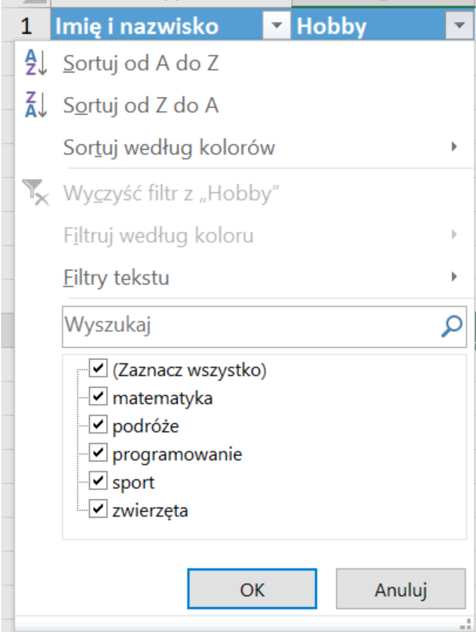 Ilustracja przedstawia otwarte okno dialogowe, w którym zaznaczone są Filtry tekstu: Zaznacz wszystko, matematyka, podróże, programowanie, sport, zwierzęta. Na dole okna znajdują się dwa przyciski: OK, Anuluj.