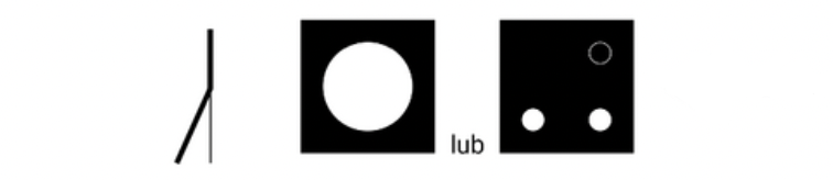 Ilustracja przedstawia wskaźnik <math aria‑label='wu zet'>Wz trzy jazda z ostrza. Znajdują się tu 3 rysunki. Od lewej.Rysunek pierwszy. Pionowa kreska, której górna połowa jest grubsza, a dolna cieńsza. Od środka pionowej kreski odchodzi w lewo w dół ukośna grubsza kreska.Rysunek drugi. Czarny kwadrat, w którym znajduje się białe koło.Rysunek trzeci. Czarny kwadrat. W jego obu dolnych rogach znajduje się po jednym małym białym kole. W prawym górnym rogu biały okrąg. Między kwadratami zapisano słowo lub.