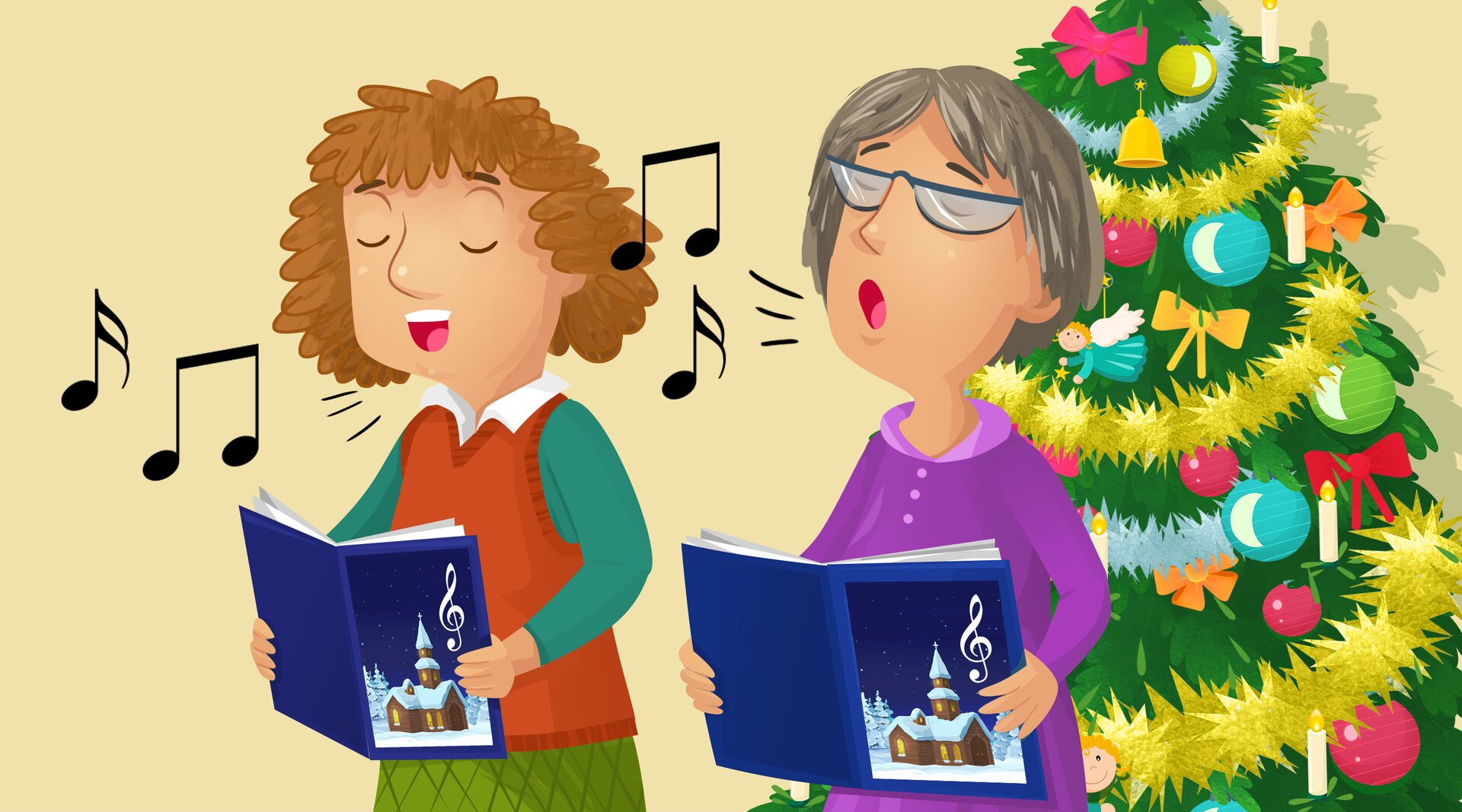 Na ilustracji znajdują się kobiety śpiewające kolędy.