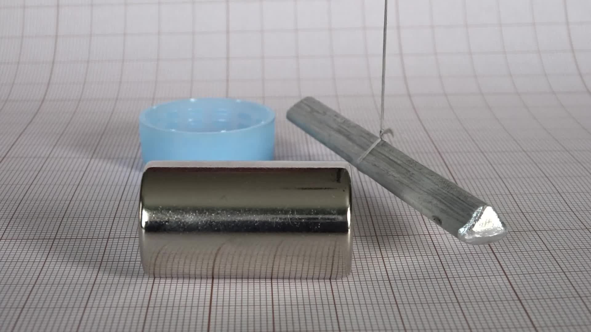 Zdjęcie przedstawia poziomy pręt zawieszony na pionowej nitce umocowanej w środku pręta. Pręt skierowany jest ukośnie, tak że prawy koniec znajduje się bliżej obserwatora. Do prawego końca pręta zbliżono cylindryczny magnes ustawiony poziomo.