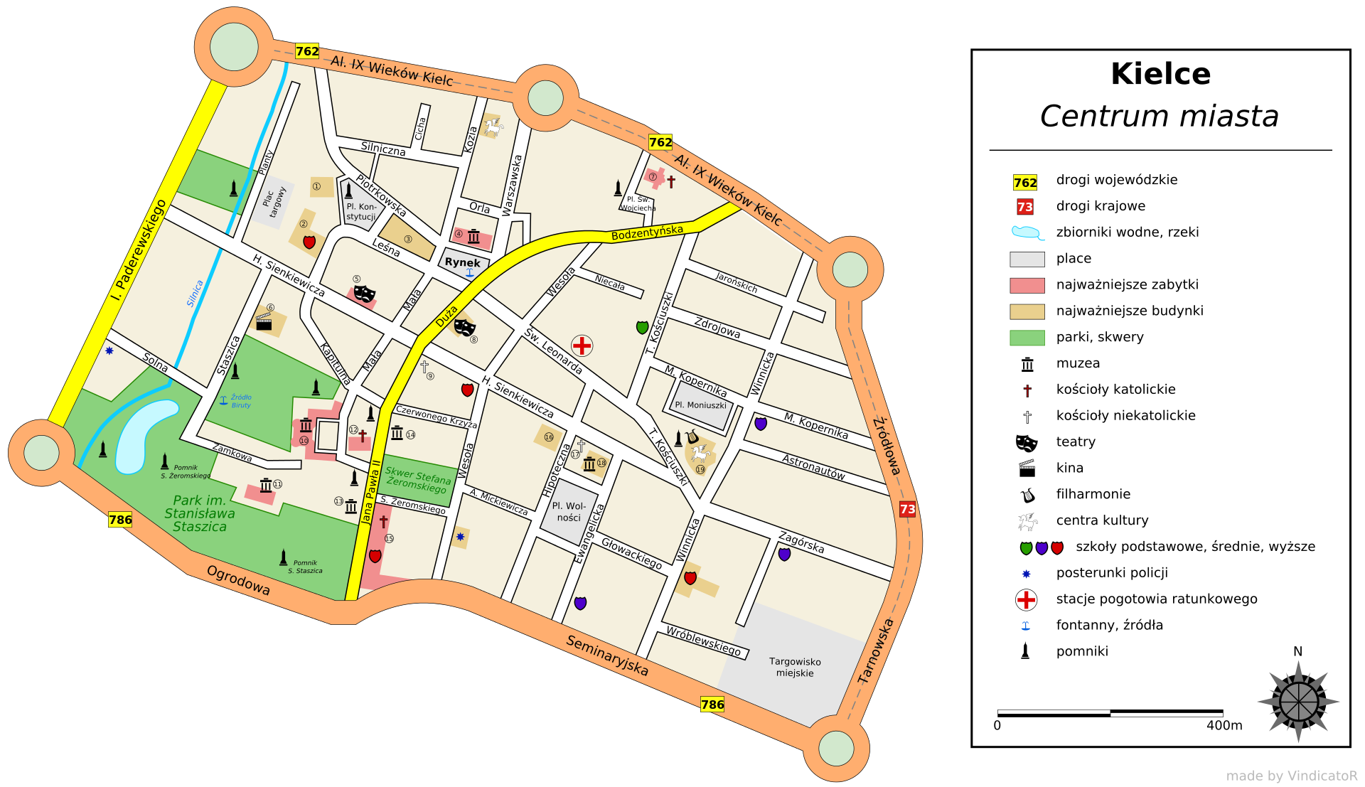 Mapa przedstawia centrum miasta Kielce. Na mapie zaznaczono drogi wojewódzkie i krajowe, najważniejsze zabytki, budynki, parki i skwery, muzea, kościoły, teatry, kina, szkoły,posterunki policji, stacje pogotowia ratunkowego, fontanny oraz pomniki.