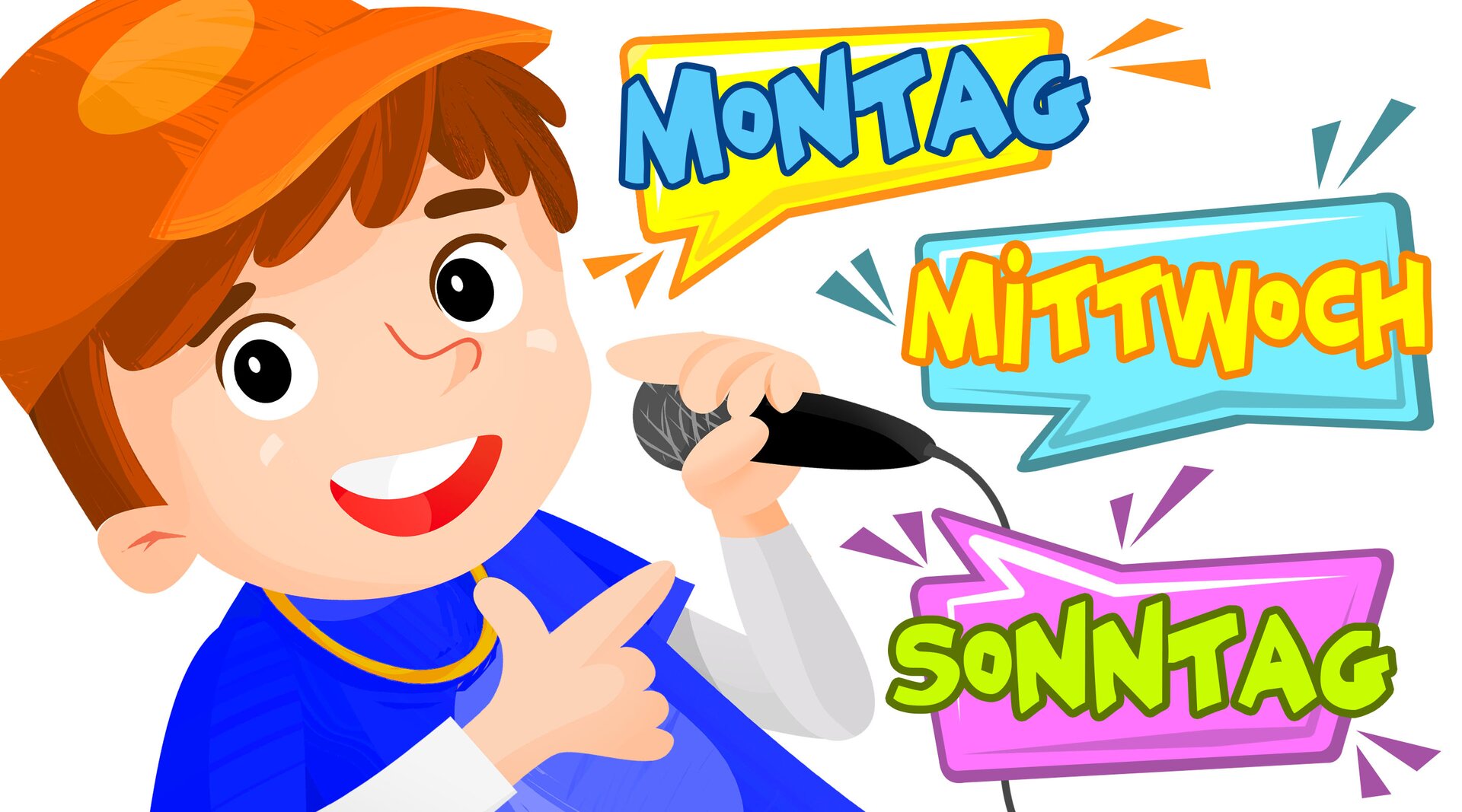 Ilustracja przedstawia chłopca z mikrofonem i w czapce z daszkiem. Obok niego widoczne są napisy. Montag, Mittwoch, Sonntag.