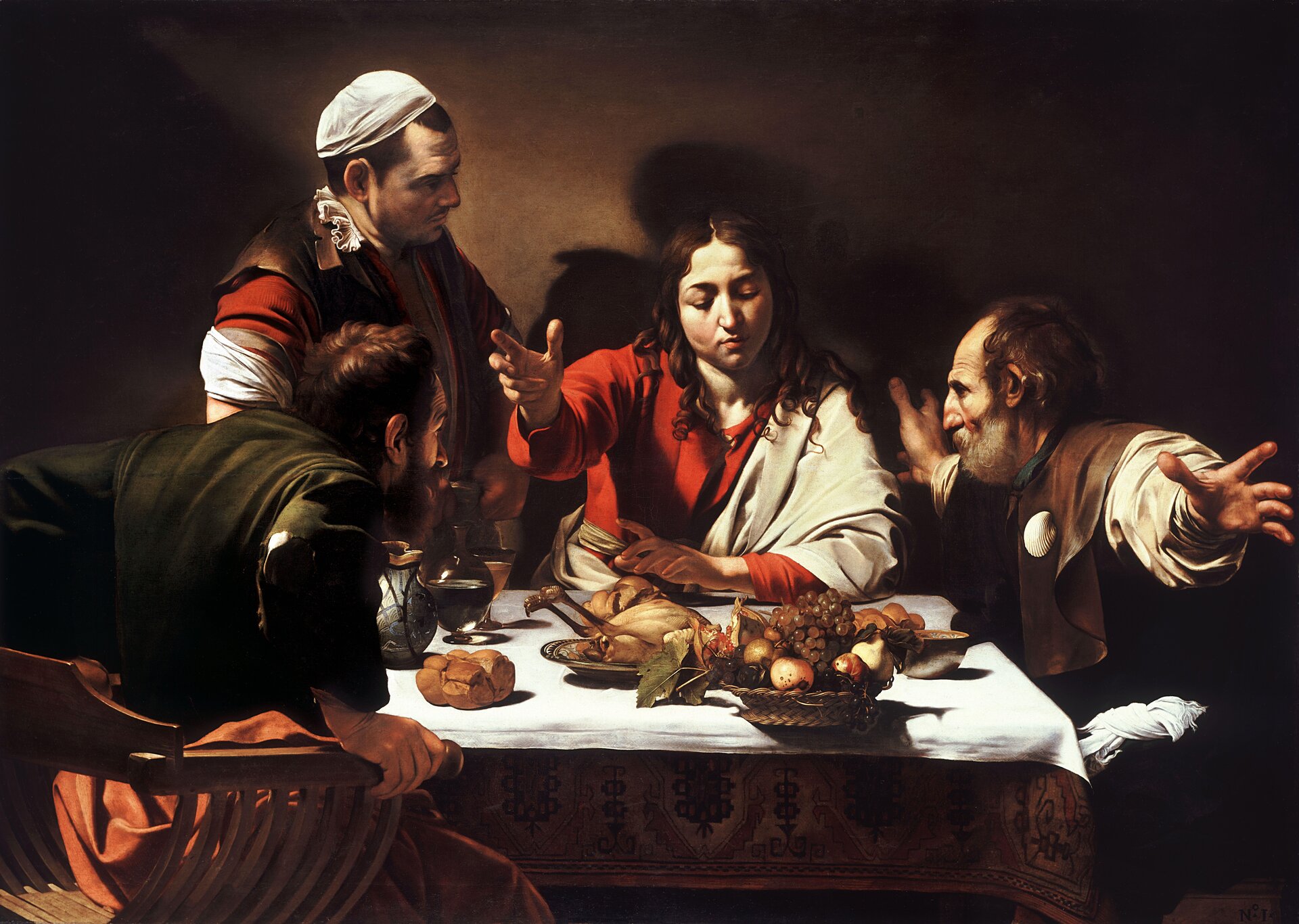Ilustracja przedstawia obraz Caravaggia pt. „Wieczerza w Emmaus”. Ukazuje ona Jezusa wraz z trzema apostołami przy stole.