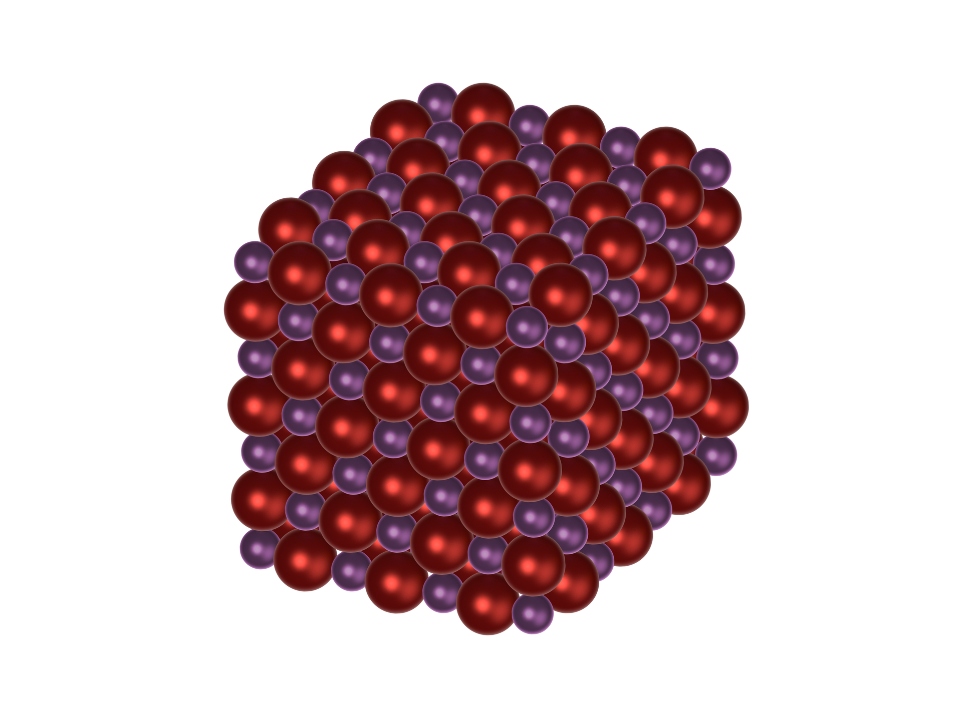 Ilustracja przedstawia kryształ jonowy bromku sodu, w którym atomy sodu (reprezentowane przez fioletowe kulki) i atomy bromu (przez bordowe kulki) są ułożone naprzemiennie i tworzą sześcian.