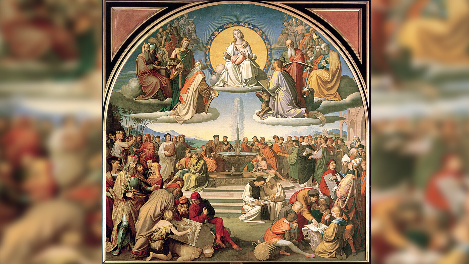 Obraz przedstawia ziemię i niebo. W niebie siedzi kobieta trzymająca na kolanach niemowlę. Jest otoczona siedzącymi i klęczącymi mężczyznami w długich szatach. Na ziemi, wokół fontanny znajduje się tłum mężczyzn. Są wśród nich osoby rysujące i malujące obrazy Są też mężczyźni, którzy rozmawiają.