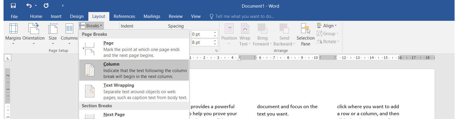 Zrzut ekranu przedstawia wstawianie znaku podziału kolumny w programie MS Word 2016. Na wstążce należy wybrać zakładkę Layout, a następnie przycisk Breaks. Z listy rozwijanej, która się pojawia został należy wybrać Columns.