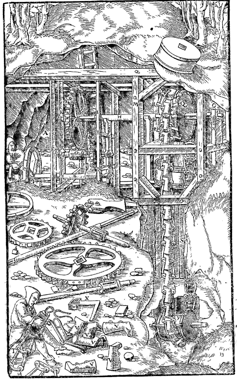 Ilustracja przedstawia drewnianą konstrukcję stojącą u podnóża wysokiej skały. Obok leżą metalowe koła zębate o różnych rozmiarach.