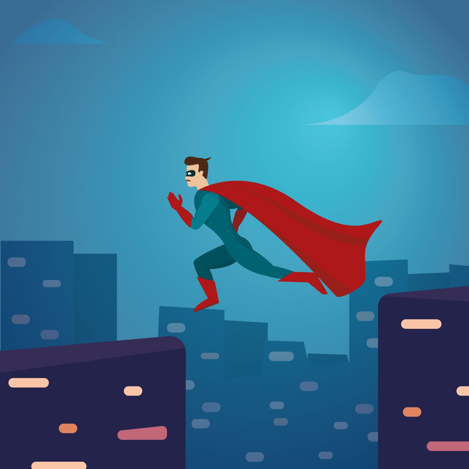 Ilustracja przedstawia super bohatera skaczącego nad przepaścią między dwoma wysokimi budynkami. W tle widać miasto nocą. Super bohater przedstawiony jest jako sylwetka człowieka z długą czerwona peleryną.