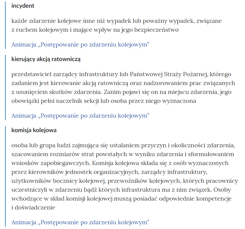 Zrzut ekranu przedstawia kilka pojęć ze Słownika. Konstrukcja jest następująca: pojęcie, poniżej jego wyjaśnienie, a pod nim znajduje się link, po którego kliknięciu użytkownik przenosi się do rozdziału w tym materiale, w którym dane pojęcie jest wykorzystywane. Linków może być jeden lub kilka, w zależności od tego, w ilu rozdziałach użyto pojęcia.
